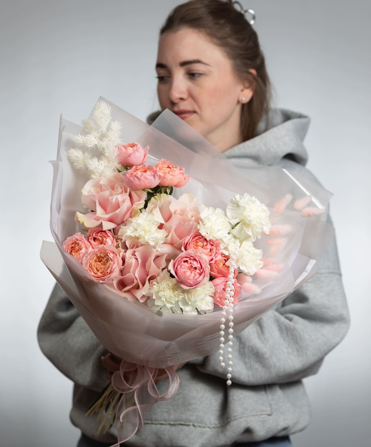 Сборный букет с французской розой и жемчугом